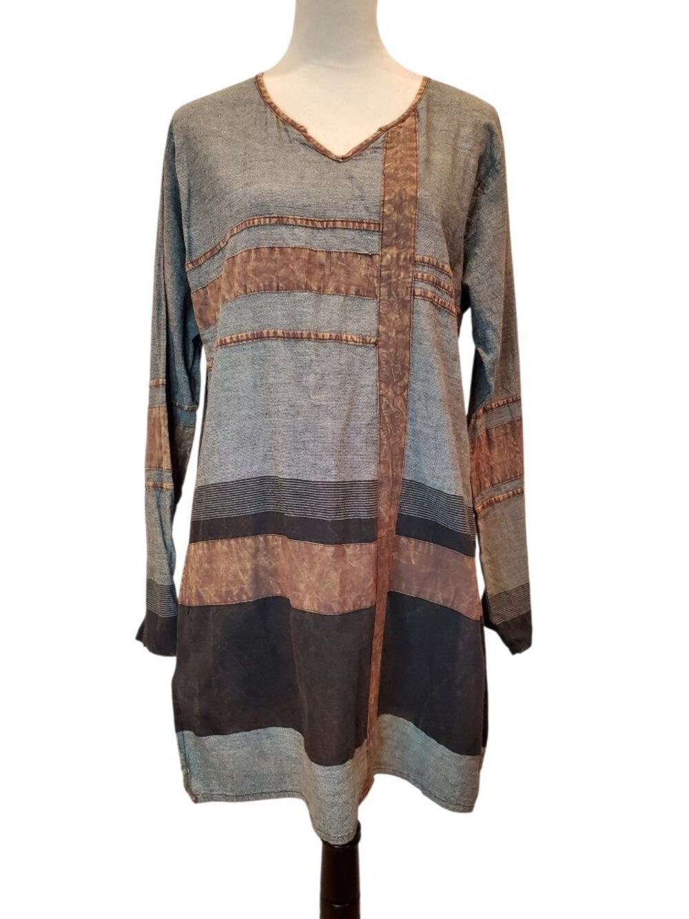 Mexicali Blues Boho Patchwork Tunic Mineral Wash Nepal Cotton Brown Gray